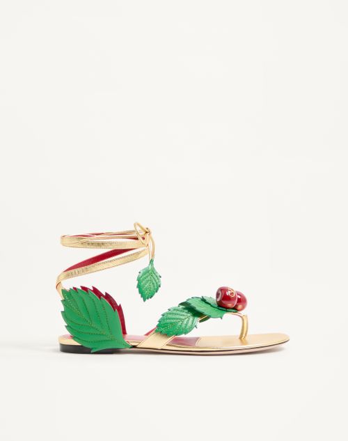 Valentino Garavani - Cherryfic Thong Sandal In Laminated Nappa And Kidskin - Antique Brass/multicolor - Woman - Sandals